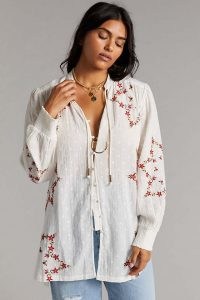 ANTHROPOLOGIE Embroidered Tunic Shirt Ivory / womens boho floral cotton shirts