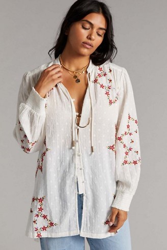 ANTHROPOLOGIE Embroidered Tunic Shirt Ivory / womens boho floral cotton shirts