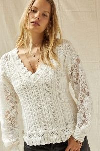 ANTHROPOLOGIE Lace V-Neck Sweater / floral semi sheer sleeve sweaters / romantic scalloped hem jumper / womens knitwear