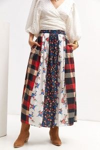 Let Me Be Contrast Maxi Skirt / multi print cotton skirts / womens mixted tartan and floral print fashion