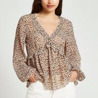 RIVER ISLAND Beige animal print frill long sleeve tea top / womens ruffle trim tops