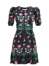 LA DOUBLEJ Coquette Rosa-print sablé mini dress in black / floral puff sleeve ruffle hem dresses