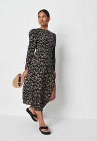 MISSGUIDED black floral crew neck long sleeve midi dress / split hem summer dresses