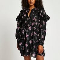 RIVER ISLAND Black long sleeve floral frill dress / tiered ruffle detail dresses