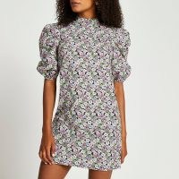 RIVER ISLAND Black short sleeve floral shift mini dress / high neck dresses