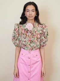 sister jane STRAWBERRY COURT Venus Floral Bow Blouse / womens puff sleeve vintage style blouses / retro fashion