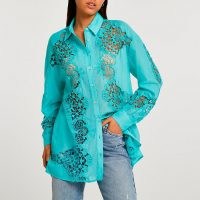 RIVER ISLAND Blue cutwork long sleeve shirt / womens floral cut out shirts