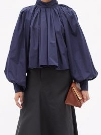 JIL SANDER Gathered cotton-poplin top ~ navy blue balloon sleeve tops