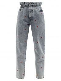 MIU MIU High-rise rose-embroidered straight-leg jeans / women’s 80s inspired paperbag jeans / floral and crystal embellished denim