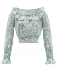 LUISA BECCARIA Gathered floral-print cotton-voile crop top / romantic pale blue ruffle trim tops