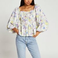 RIVER ISLAND Blue puff sleeve shirred picnic peplum top / romantic square neck balloon sleeve floral tops