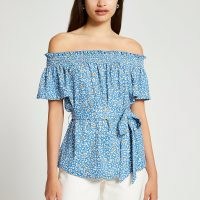 RIVER ISLAND Blue short sleeve tie waist floral bardot / off the shoulder tops