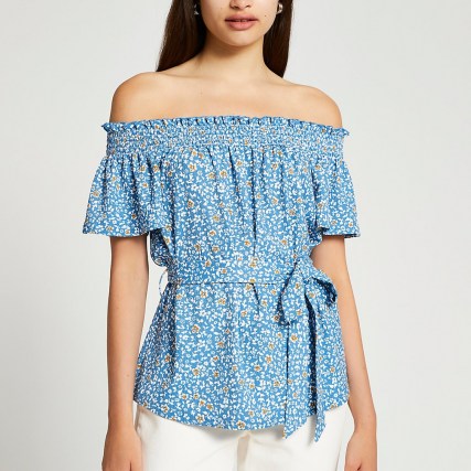 RIVER ISLAND Blue short sleeve tie waist floral bardot / off the shoulder tops