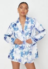 MISSGUIDED blue tailored oversized double breasted split back blazer ~ women’s on trend blazers ~ womens summer jackets ~ waterolour print jacket