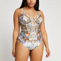 RIVER ISLAND Brown animal print plunge swimsuit / womens plus size swimsuits / women’s swimwear / beachwear