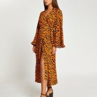 RIVER ISLAND Brown animal print wrap shirt midi dress / frill detail tie waist dresses