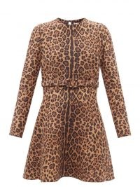 VALENTINO Leopard-print wool-blend crepe minidress / belted long sleeve animal print dresses