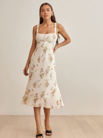 REFORMATION Camari Dress / ruched shoulder strap dresses fitted bodice / womens floral fashion