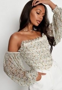 MISSGUIDED cream floral puff sleeve bust point corset top / strapless frill trim tops