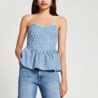 RIVER ISLAND Denim broderie corset top / strapless fitted bodice peplum tops