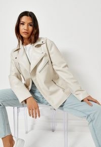 MISSGUIDED ecru faux leather belted waist biker jacket ~ womens affordable luxe style jackets ~ women’s zip detail outerwear