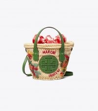 TORY BURCH ELLA EMBROIDERED STRAW MICRO BASKET / womens summer crossbody bag / cute mini baskets / women’s small top handle bags / woven fruit themed summer handbag