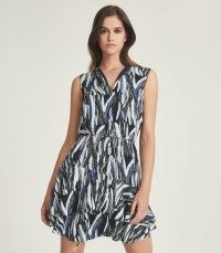 REISS ELSIE PRINTED MINI DRESS BLACK PRINT ~ sleeveless layered hem dresses ~ abstract prints