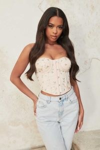 LAVISH ALICE floral embroidered mesh corset top in champagne / fitted strapless lingerie inspired tops