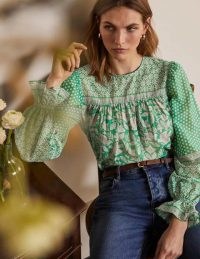 Boden Gracie Cotton Blouse Leafy Green, Meadow Flight / bird prints / mixed print balloon sleeve blouses