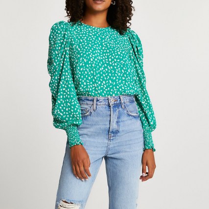 River Island Green spot print puff sleeve blouse top | draped balloon sleeve blouses