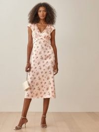 REFORMATION Kaye Dress in Audrey / cap sleeve silk charmeuse floral slip dresses