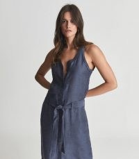 REISS KEELEY LINEN BLEND MIDI DRESS NAVY ~ womens dark blue sleeveless tie waist dresses ~ women’s effortless style clothing ~ effortlessly stylish clothing