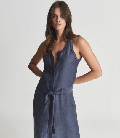 REISS KEELEY LINEN BLEND MIDI DRESS NAVY ~ womens dark blue sleeveless tie waist dresses ~ women’s effortless style clothing ~ effortlessly stylish clothing