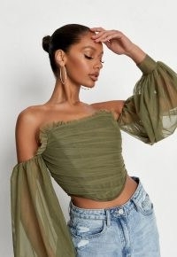 Missguided khaki puff sleeve bust point corset top | womens green strapless ruched bodice tops | sheer balloon sleeves | women’s on trend fashion