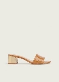 L.K. BENNETT MAEVA CAMEL CROC EFFECT SANDALS / crocodile embossed block heel mule