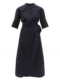 LOEWE Belted navy cotton-blend poplin shirt dress ~ dark blue tie waist dresses ~ womens effortless style clothing ~ curved side slit hemline ~ high low split hem