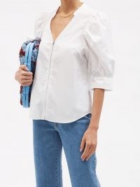 STELLA MCCARTNEY Rose V-neck short-sleeved white cotton poplin shirt ~ womens puff sleeve shirts