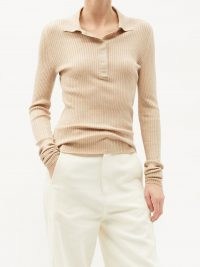 RAEY Lightweight silk-blend knitted polo shirt ~ womens beige quarter button front shirts ~ women’s spread collar tops ~ casual clothing