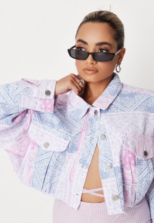 MISSGUIDED petite pink bandana print cropped denim jacket ~ women’s raw crop hem jackets ~ womens on trend petite size fashion