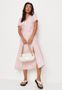 MISSGUIDED petite pink floral print half button midi tea dress / women vintage style split hem summer dresses / petite size on trend fashion