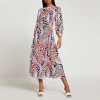 RIVER ISLAND Pink animal print ruched side midi dress / mixed print dresses