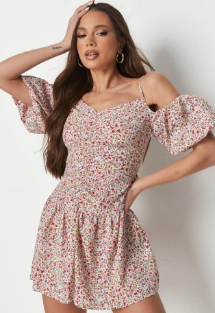 MISSGUIDED pink floral print cold shoulder mini dress