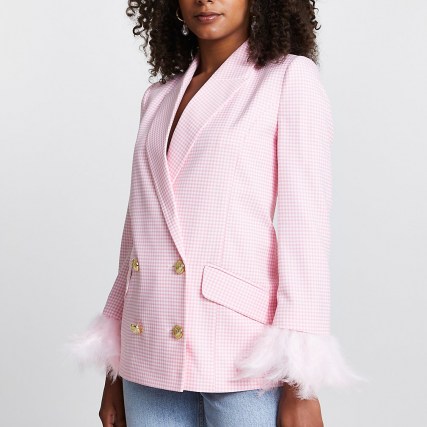 RIVER ISLAND Pink gingham feather blazer ~ women’s checked blazers ~ womens jackets ~ faux feathers