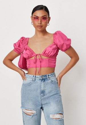 MISSGUIDED pink puff sleeve cut out crop top ~ womens cropped hem summer tops