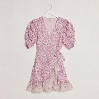 RIVER ISLAND Pink short sleeve wrap tea mini dress / floral gathered sleeve dresses