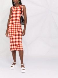 Pleats Please Issey Miyake checked panelled midi dress ~ orange sleeveless check print dresses