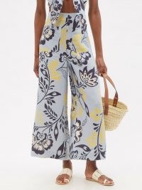 CALA DE LA CRUZ Valerie high-rise floral-print linen trousers / womens blue wide leg summer pants