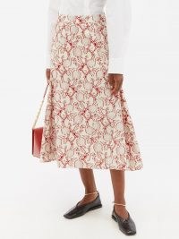 JIL SANDER Floral-jacquard fil-coupé midi skirt / red and white A-line summer skirts