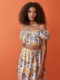 REFORMATION Scallop Linen Top / floral cropped bardot tops / off the shoulder