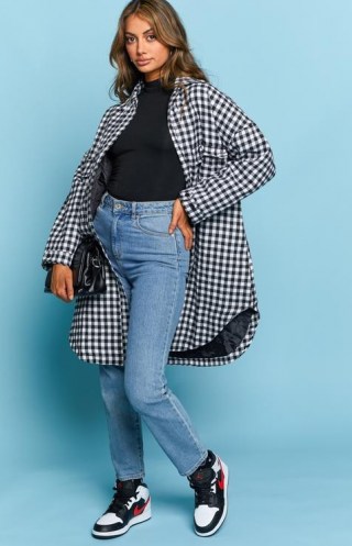 BEGINNING BOUTIQUE Shantelle Long Jacket Gingham ~ womens longline shackets ~ women’s curved hem jackets ~ checked outerwear